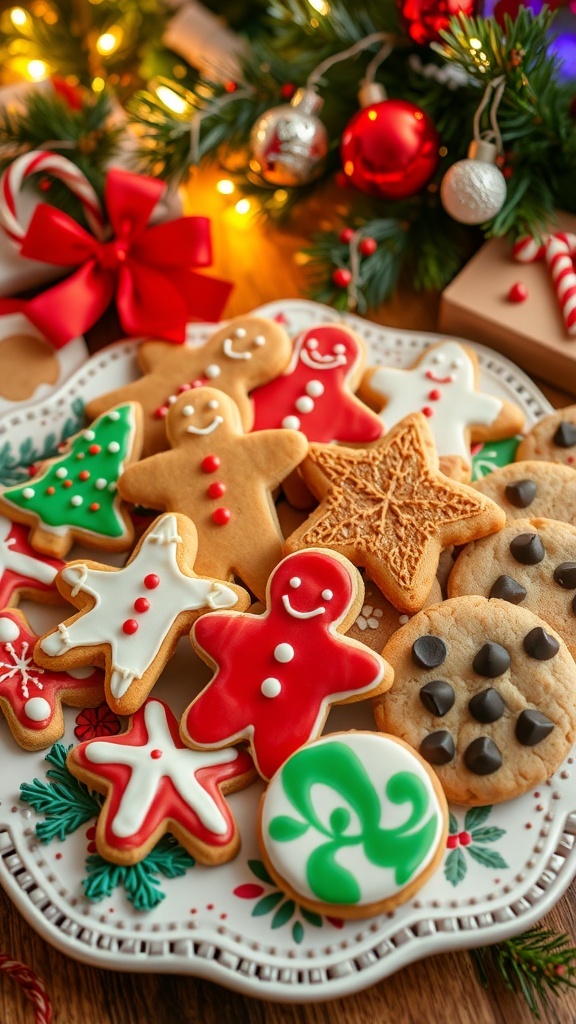 An assortment of Christmas cookies including sugar cookies, gingerbread men, and chocolate chip cookies on a festive platter.